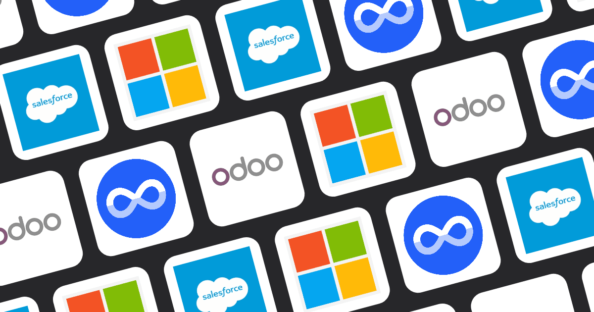 Logos of CRM platforms: Salesforce, Microsoft Dynamics 365, Odoo