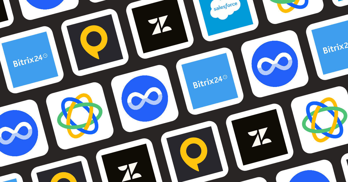 Grid of CRM platform logos including Close CRM, Bitrix24, Zendesk Sell, SPOTIO, Salesforce, and Nivaloq